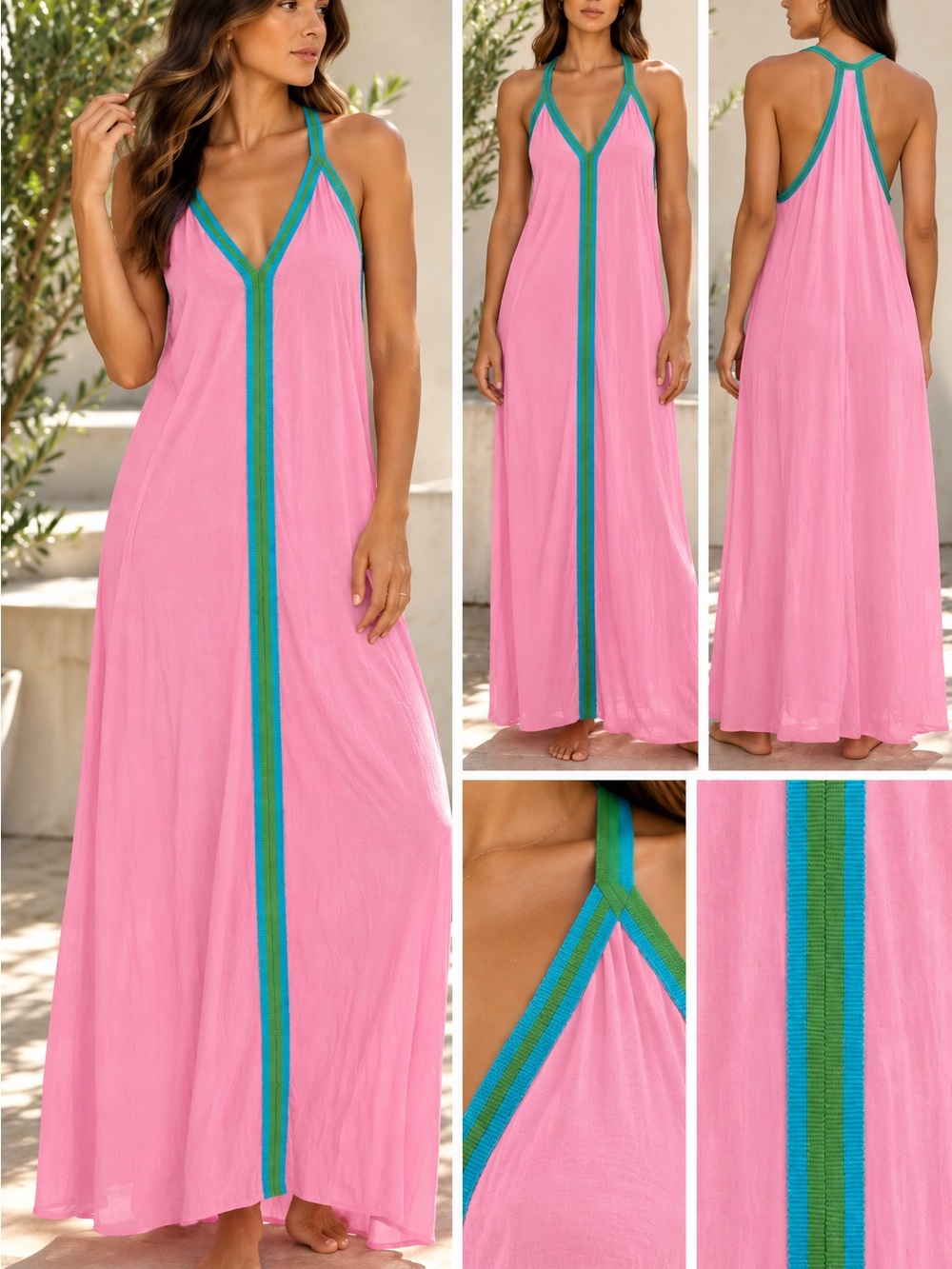 Pitusa Pink Maxi Dress with Teal-Green Trim